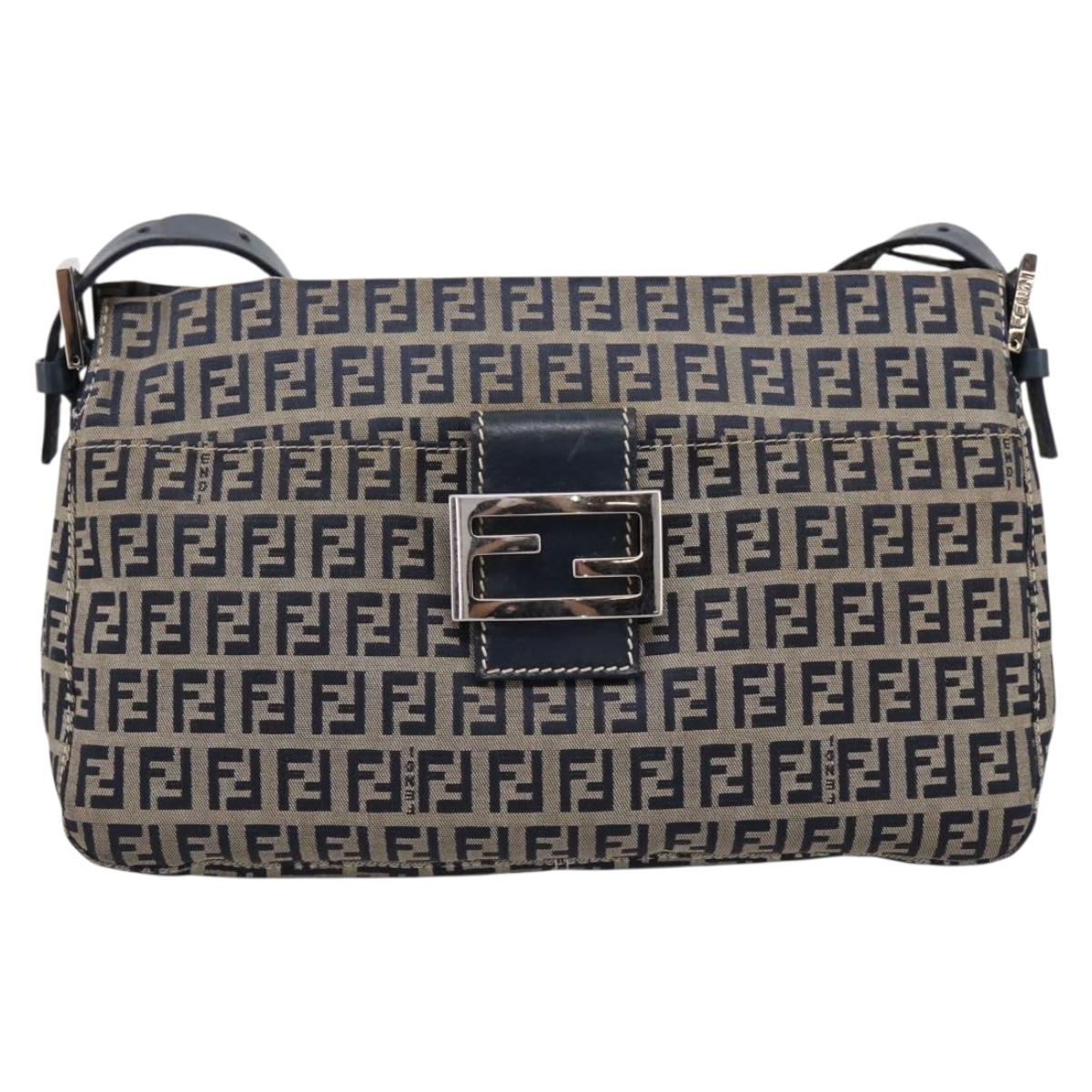 FENDI Zucchino Canvas Mamma Baguette Shoulder Bag Navy Silver Auth 197199A