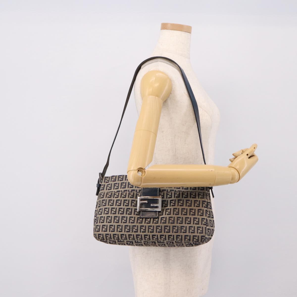 FENDI Zucchino Canvas Mamma Baguette Shoulder Bag Navy Silver Auth 197199A