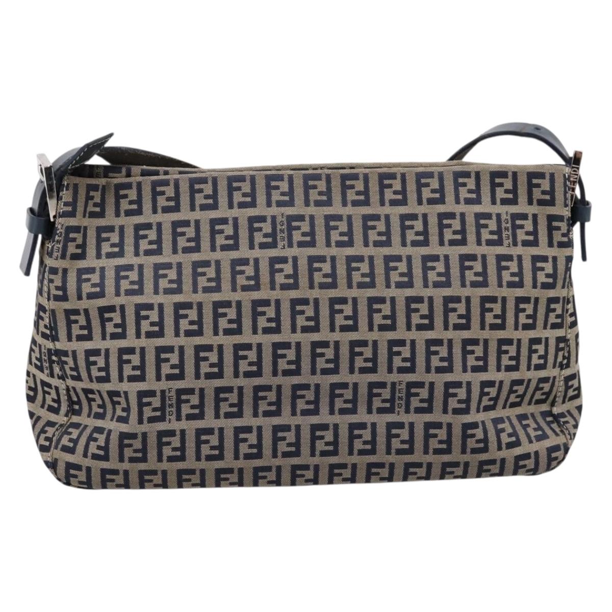FENDI Zucchino Canvas Mamma Baguette Shoulder Bag Navy Silver Auth 197199A