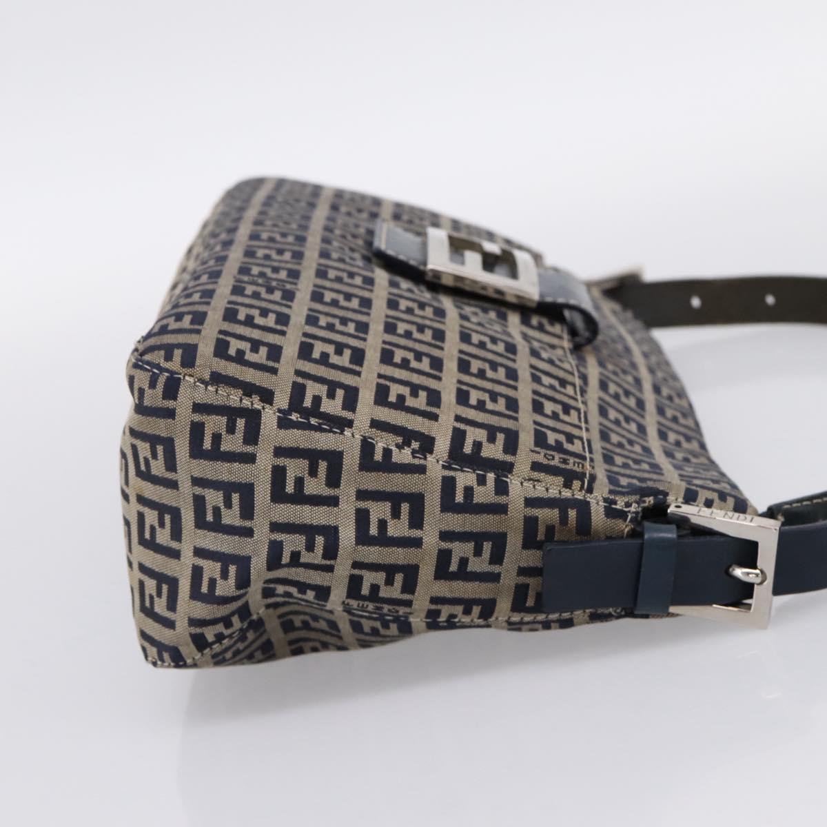 FENDI Zucchino Canvas Mamma Baguette Shoulder Bag Navy Silver Auth 197199A