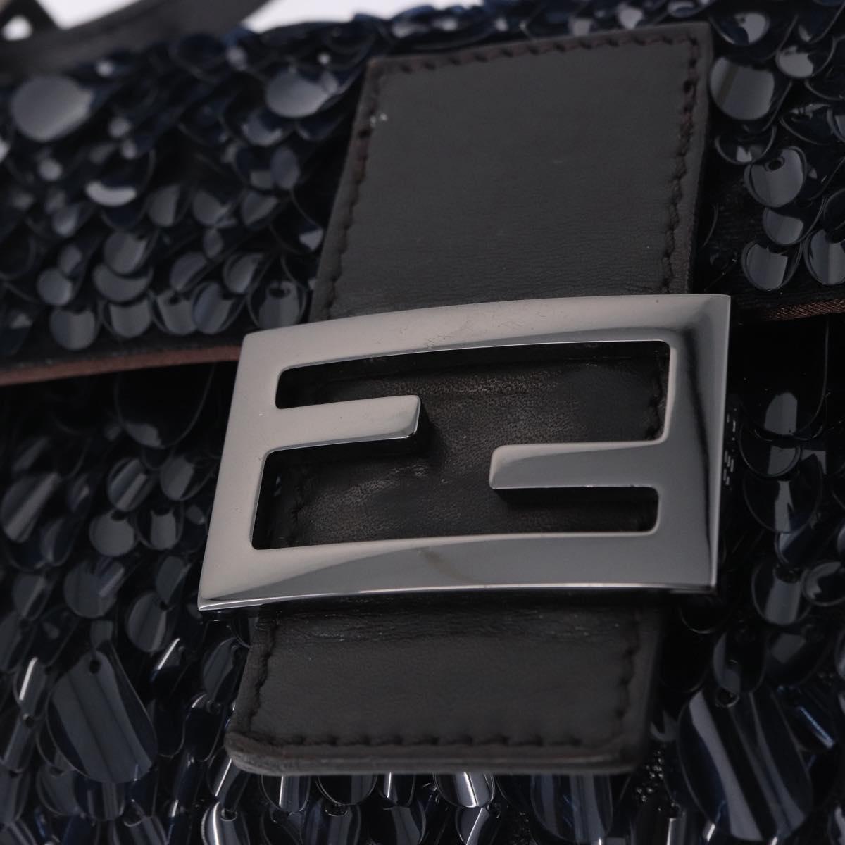 FENDI Mamma Baguette Shoulder Bag Canvas Sequin Black Auth 197205SM