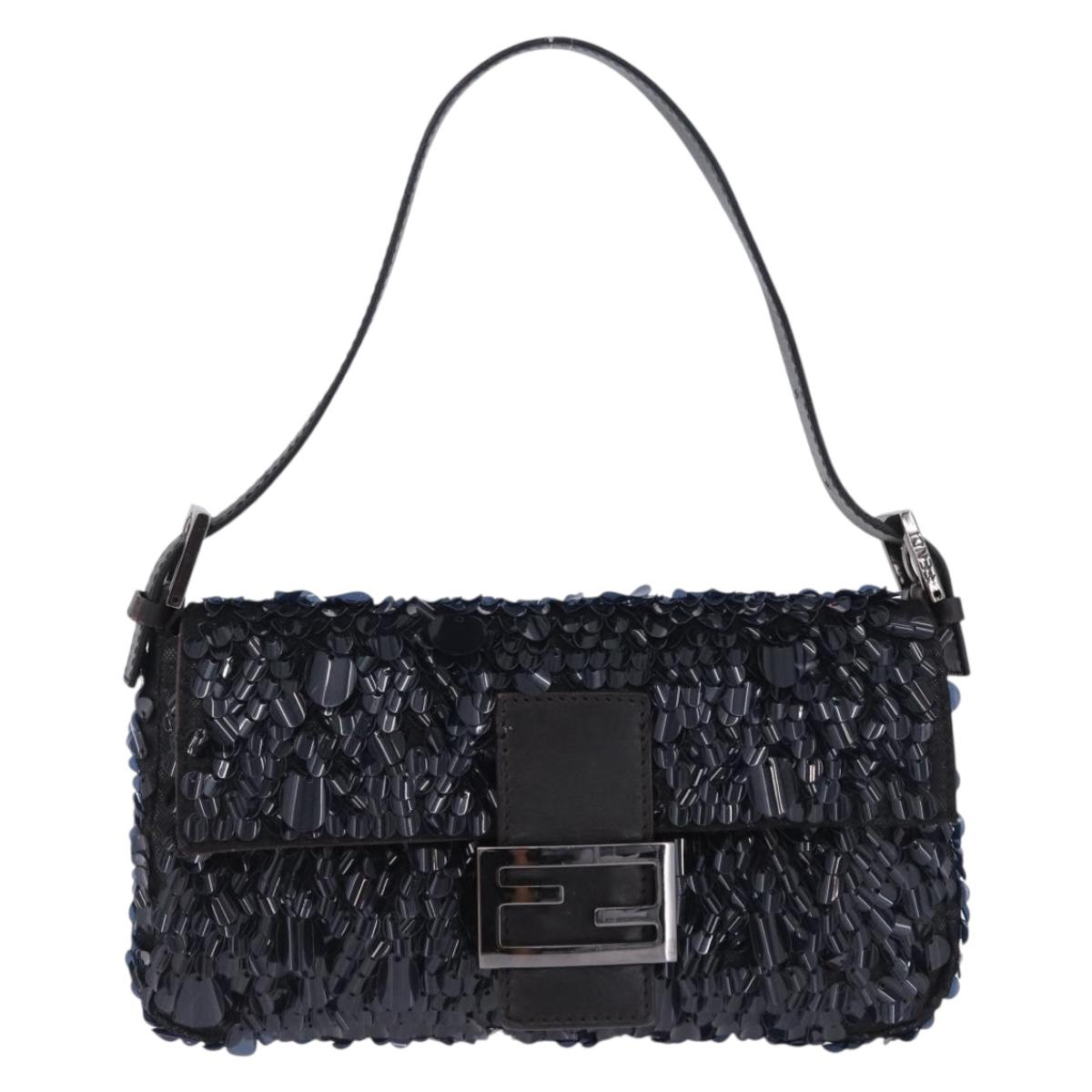 FENDI Mamma Baguette Shoulder Bag Canvas Sequin Black Auth 197205SM