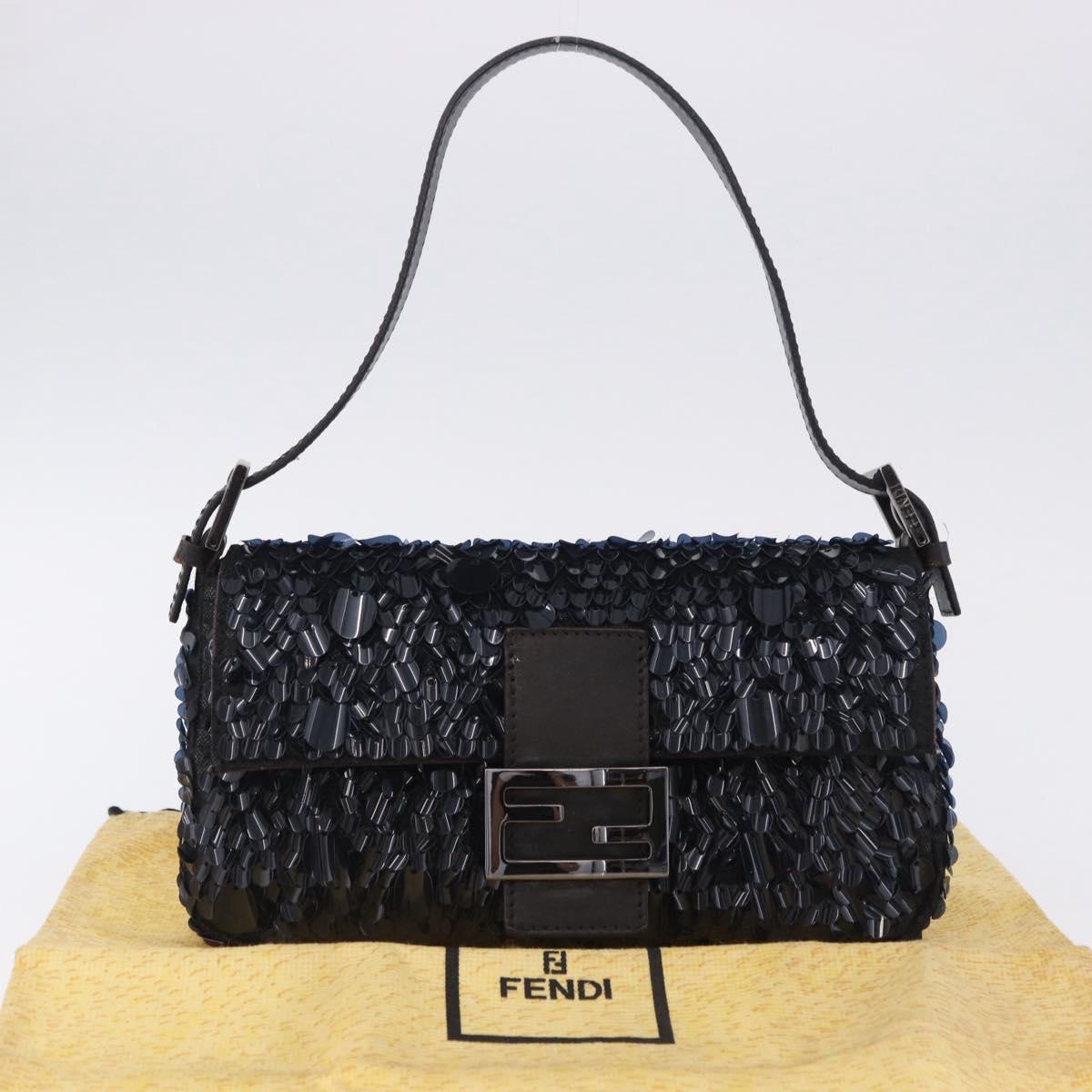 FENDI Mamma Baguette Shoulder Bag Canvas Sequin Black Auth 197205SM