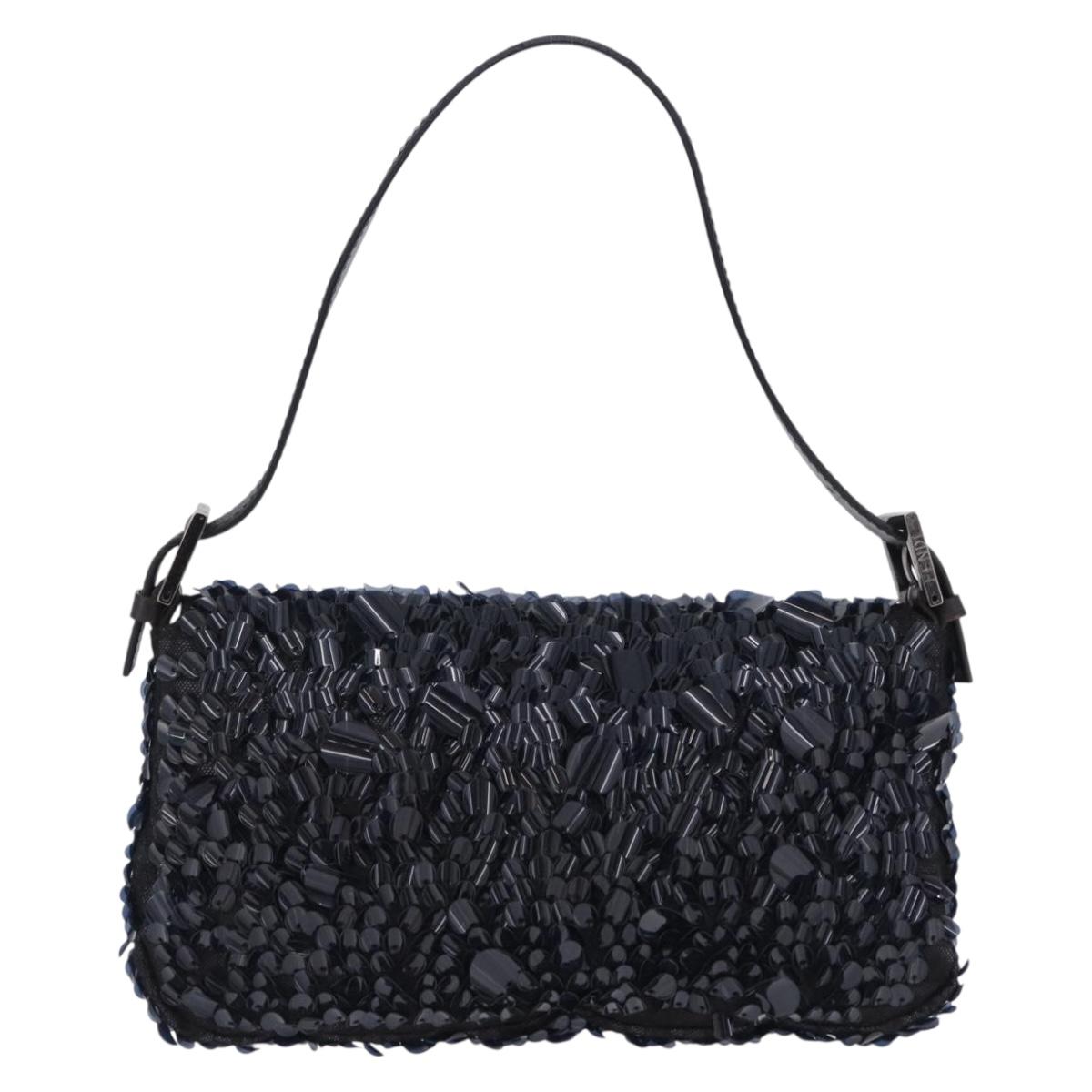 FENDI Mamma Baguette Shoulder Bag Canvas Sequin Black Auth 197205SM