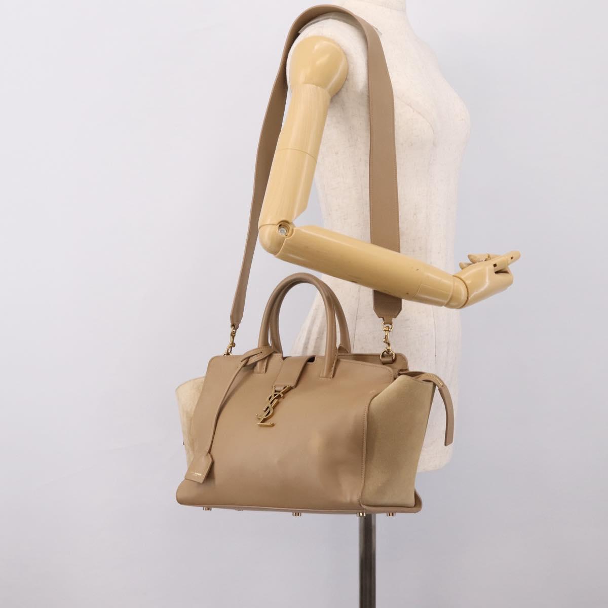 SAINT LAURENT Downtown Cabas Hand Bag Leather 2way Beige Gold Auth 197207V