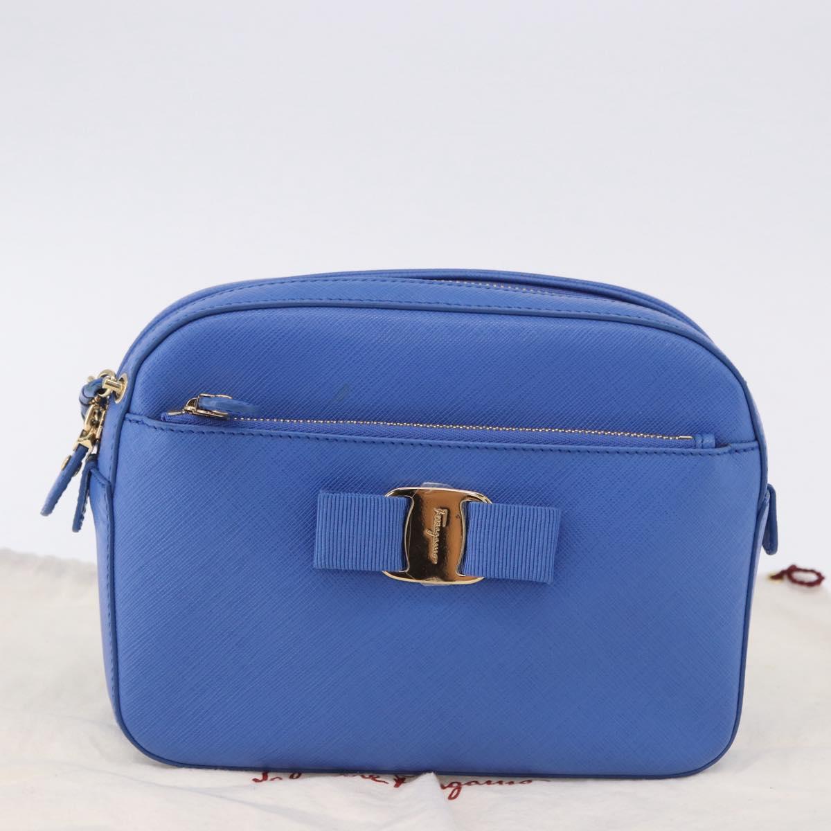 Salvatore Ferragamo Vala Chain Shoulder Bag Leather Blue Gold Auth 197212V