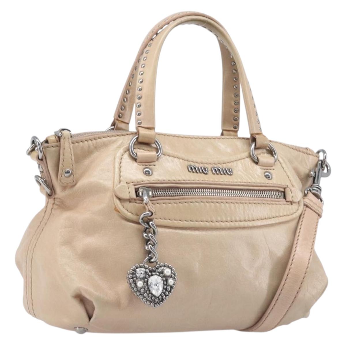 Miu Miu Vitellolux Hand Bag Leather 2way Beige Silver Auth 197230V