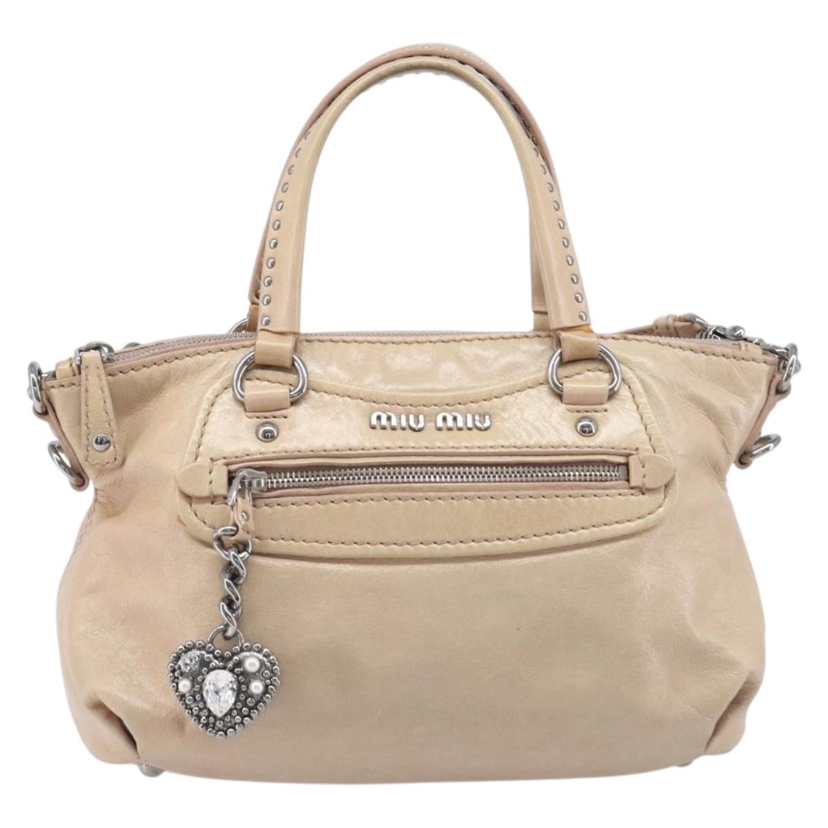 Miu Miu Vitellolux Hand Bag Leather 2way Beige Silver Auth 197230V