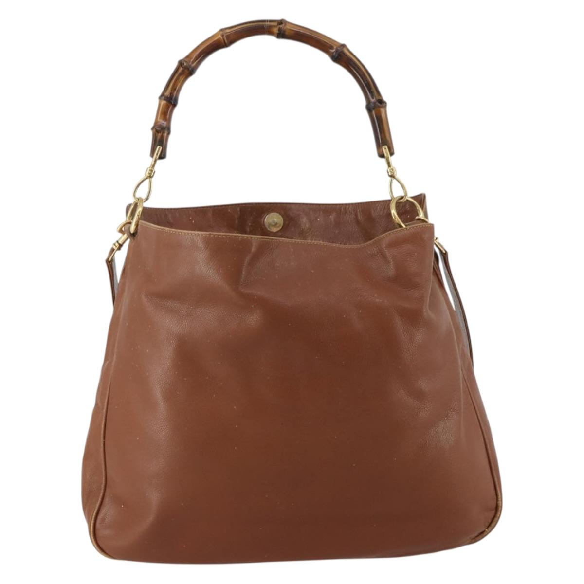 GUCCI Bamboo Shoulder Bag Leather 2way Brown Gold Auth 197250