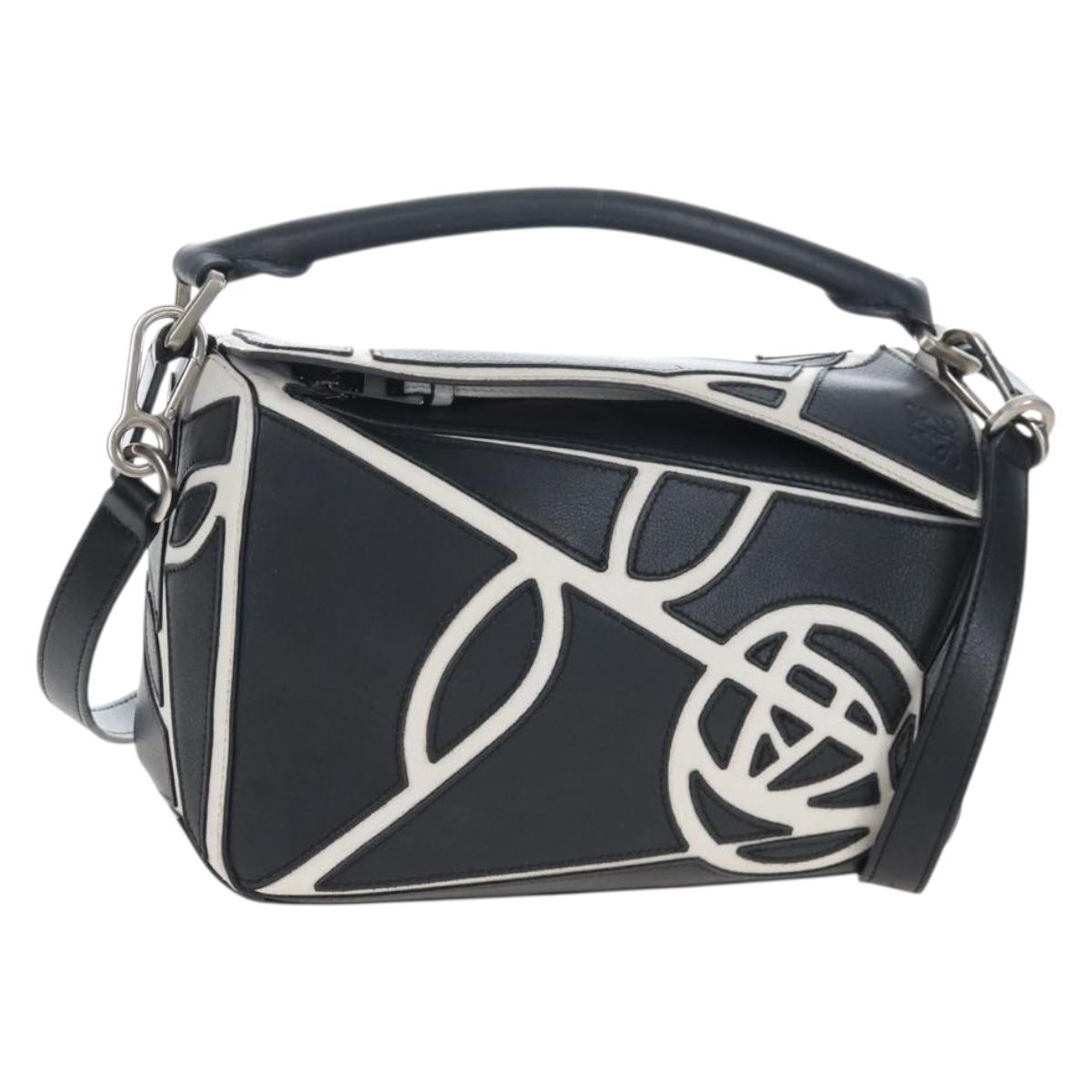 LOEWE Anagram Rose Puzzle Bag Small Bag Leather 2way Black Silver Auth 197266SAM