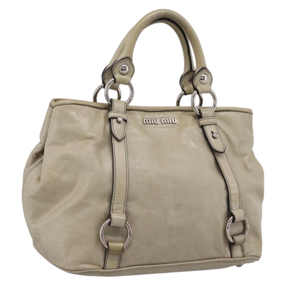 Miu Miu Vitellolux Hand Bag Leather Beige Silver Auth 197272V