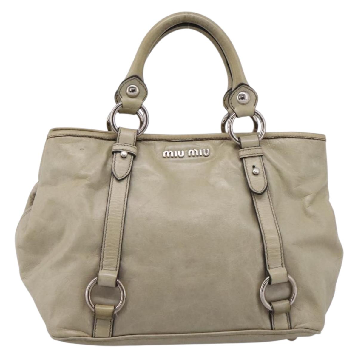 Miu Miu Vitellolux Hand Bag Leather Beige Silver Auth 197272V