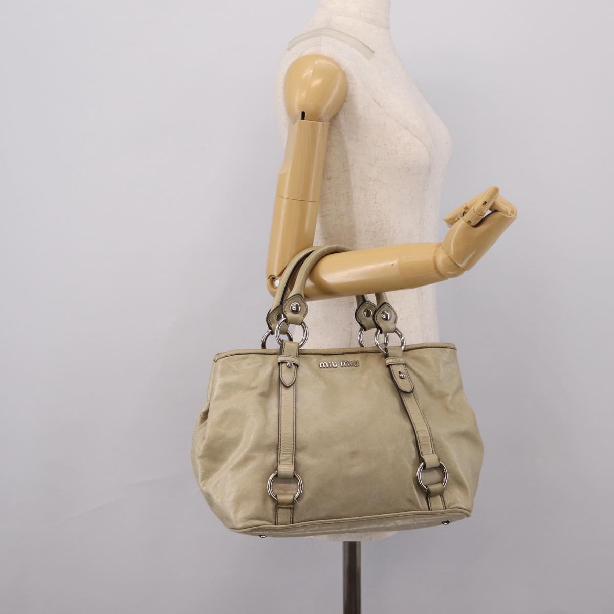 Miu Miu Vitellolux Hand Bag Leather Beige Silver Auth 197272V