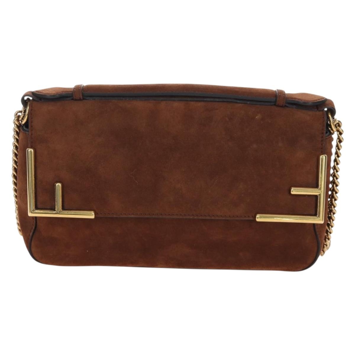 FENDI Chain Shoulder Bag Suede 2way Brown Gold Auth 197273SAV