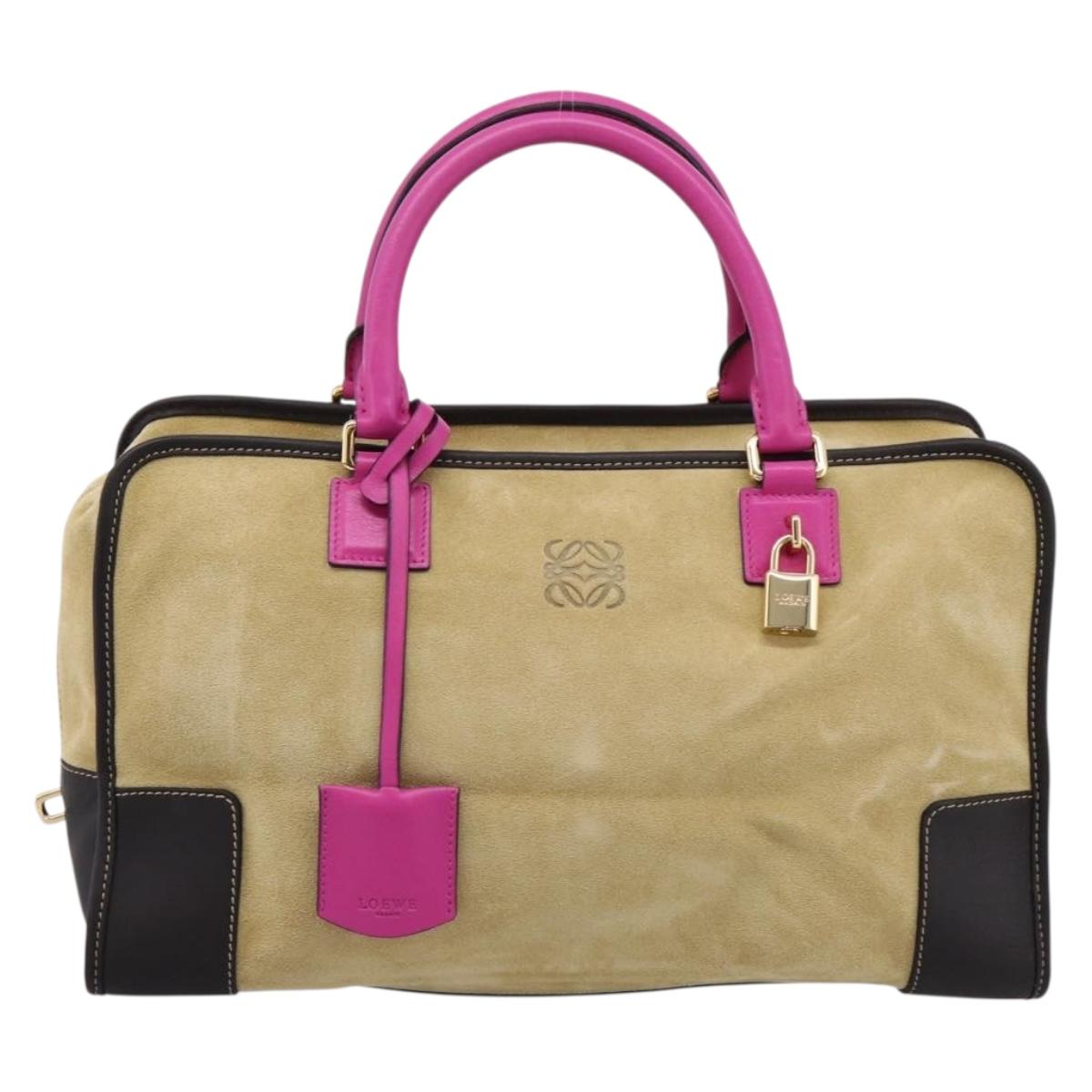 LOEWE Anagram Amazona 36 Hand Bag Suede Leather Beige Gold Auth 197287V