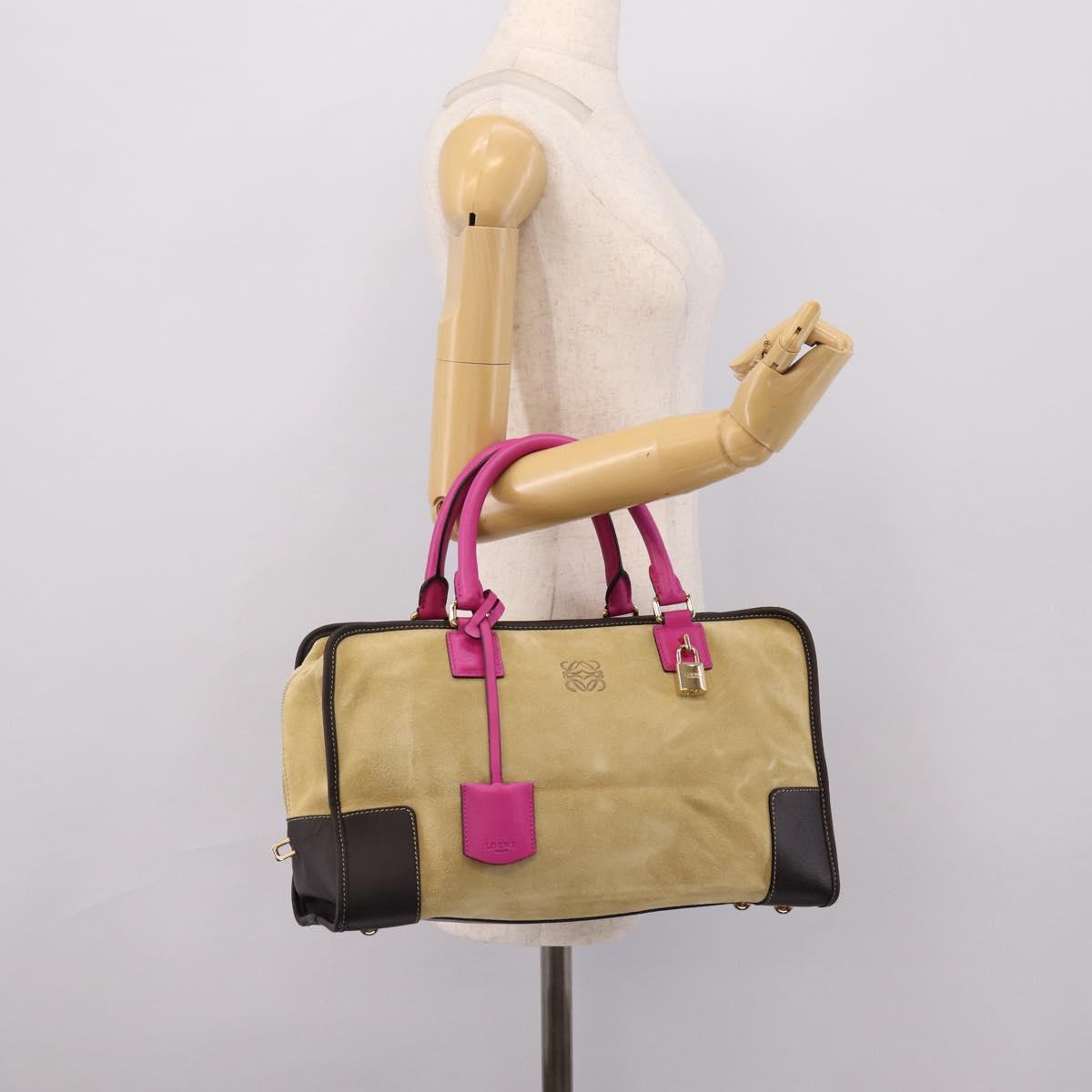 LOEWE Anagram Amazona 36 Hand Bag Suede Leather Beige Gold Auth 197287V