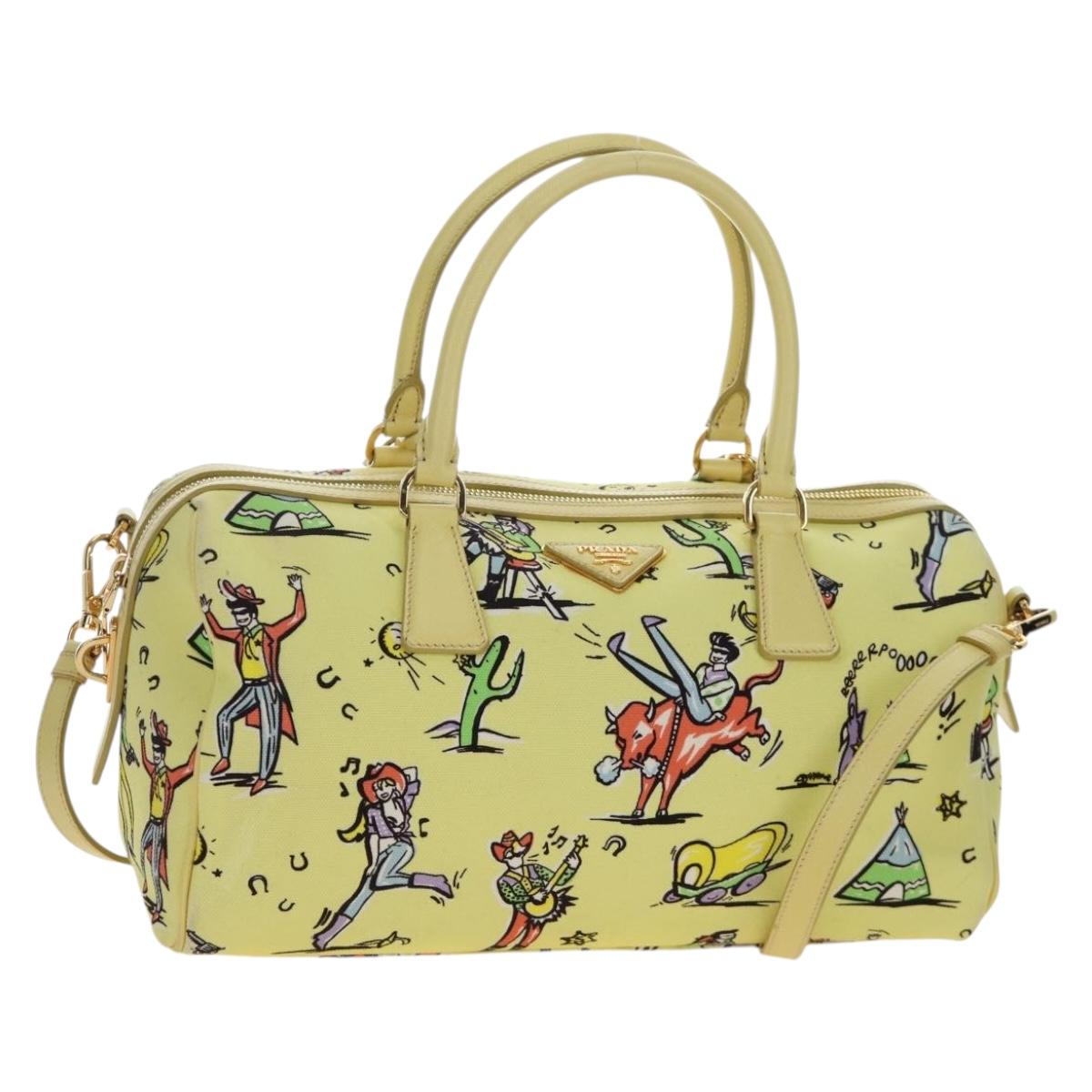 PRADA Hand Bag Canvas 2way Gold Yellow Auth 197302V