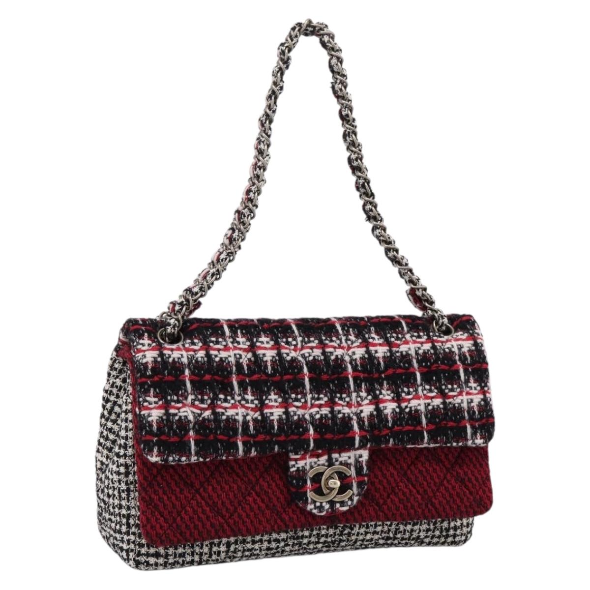 CHANEL Chain Shoulder Bag Tweed Red CC Auth 197303SAM