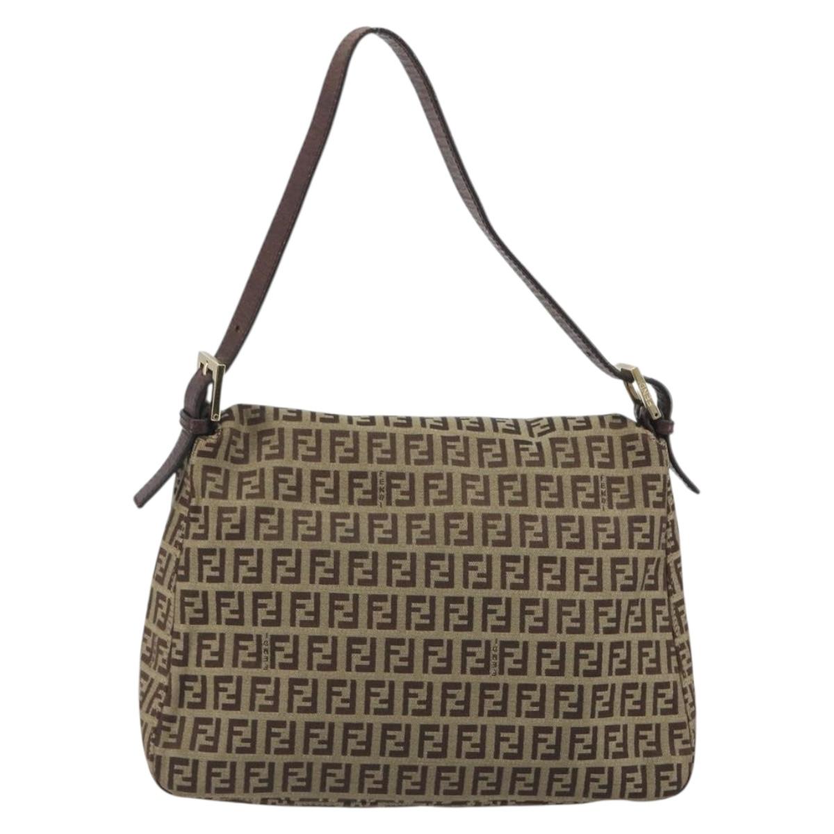 FENDI Zucchino Canvas Mamma Baguette Shoulder Bag Beige Gold Auth 197308V