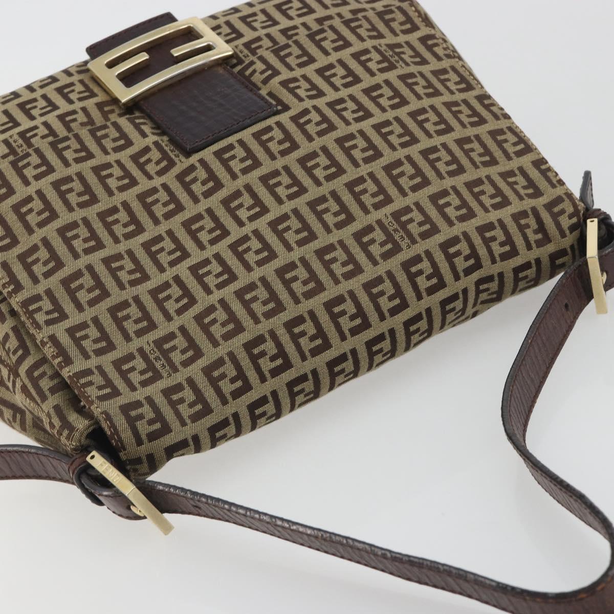 FENDI Zucchino Canvas Mamma Baguette Shoulder Bag Beige Gold Auth 197308V