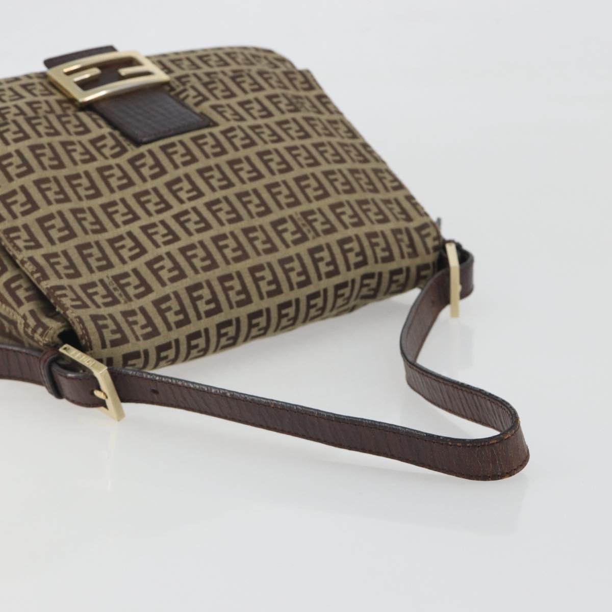 FENDI Zucchino Canvas Mamma Baguette Shoulder Bag Beige Gold Auth 197308V