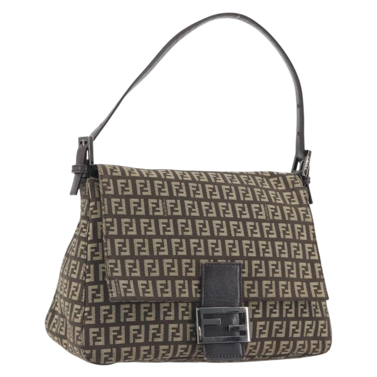 FENDI Zucchino Canvas Mamma Baguette Shoulder Bag Brown Auth 197310V