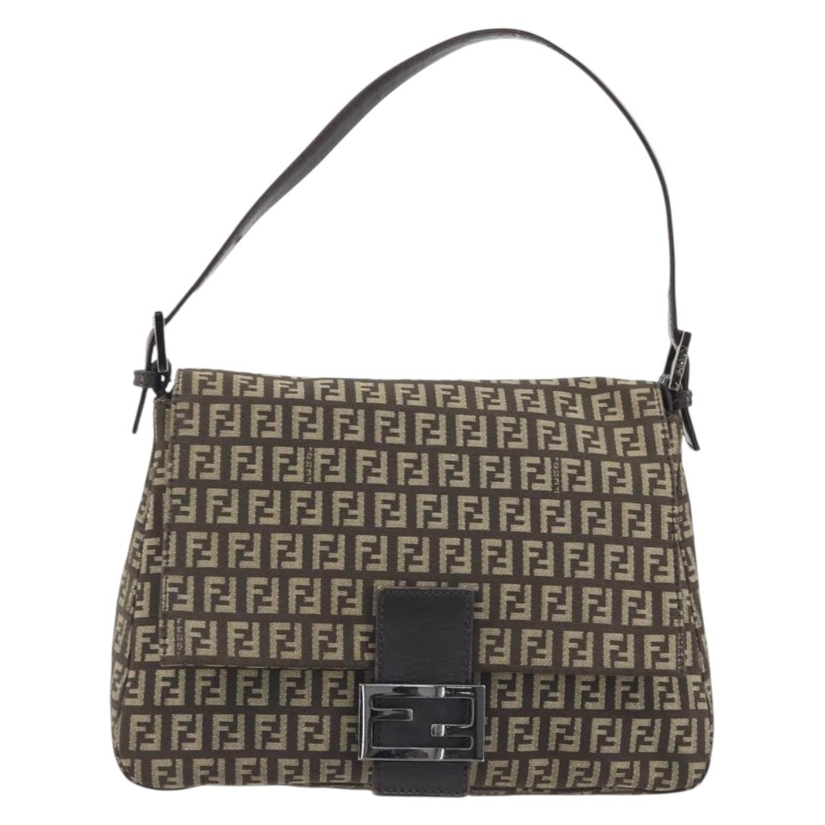 FENDI Zucchino Canvas Mamma Baguette Shoulder Bag Brown Auth 197310V