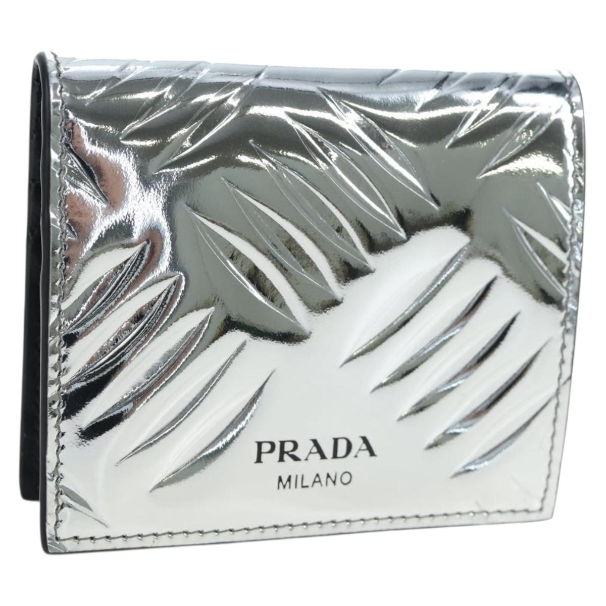 PRADA Bifold Wallet Brushed leather Silver Auth 197314M