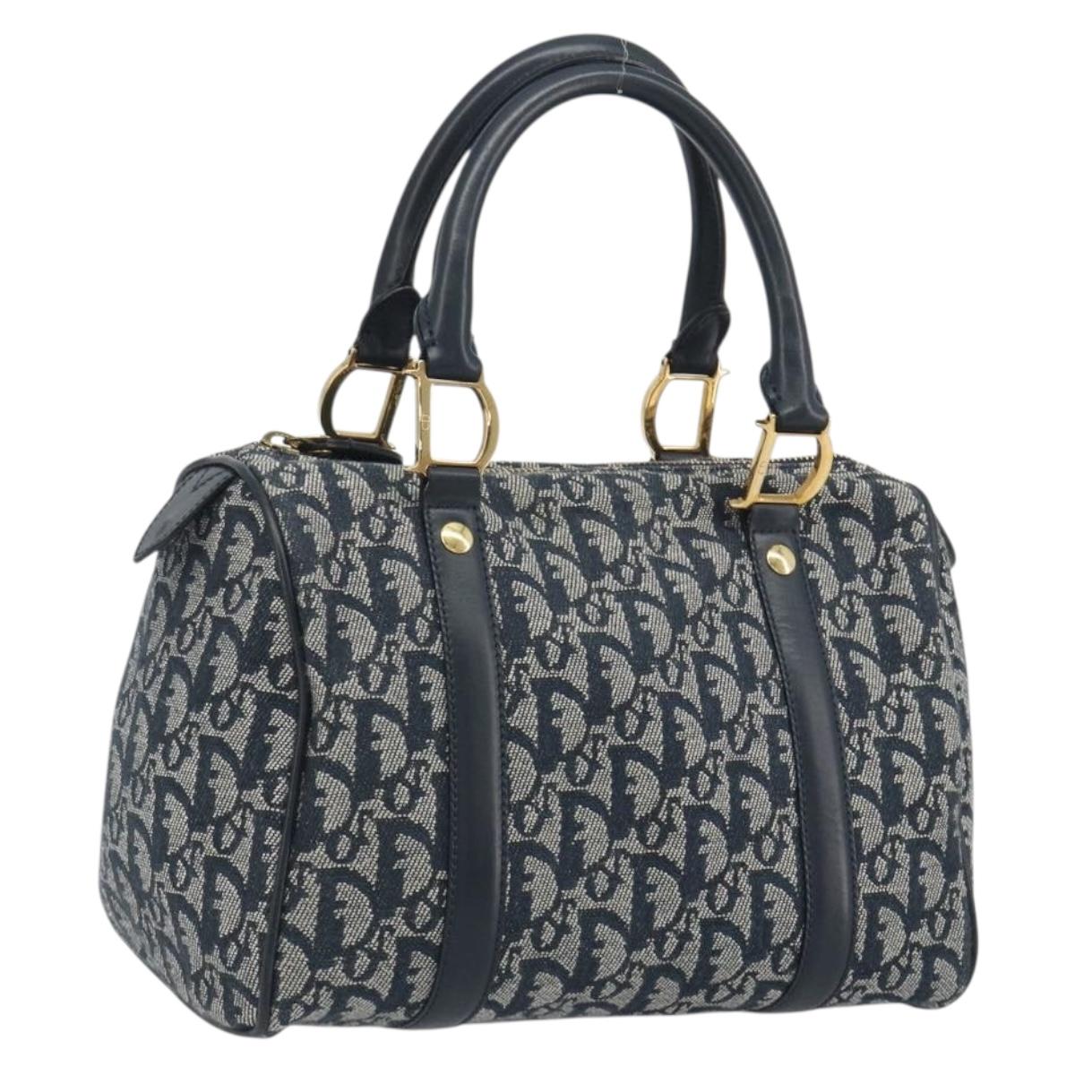 Christian Dior Trotter Canvas Boston Bag Navy Gold Auth 197320V