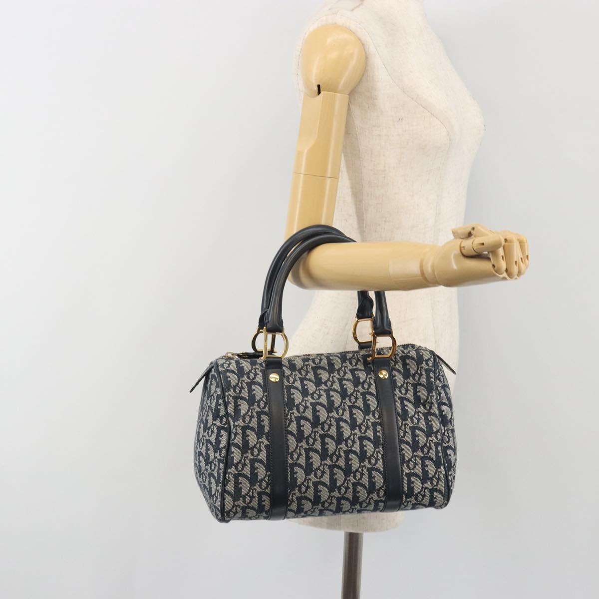 Christian Dior Trotter Canvas Boston Bag Navy Gold Auth 197320V