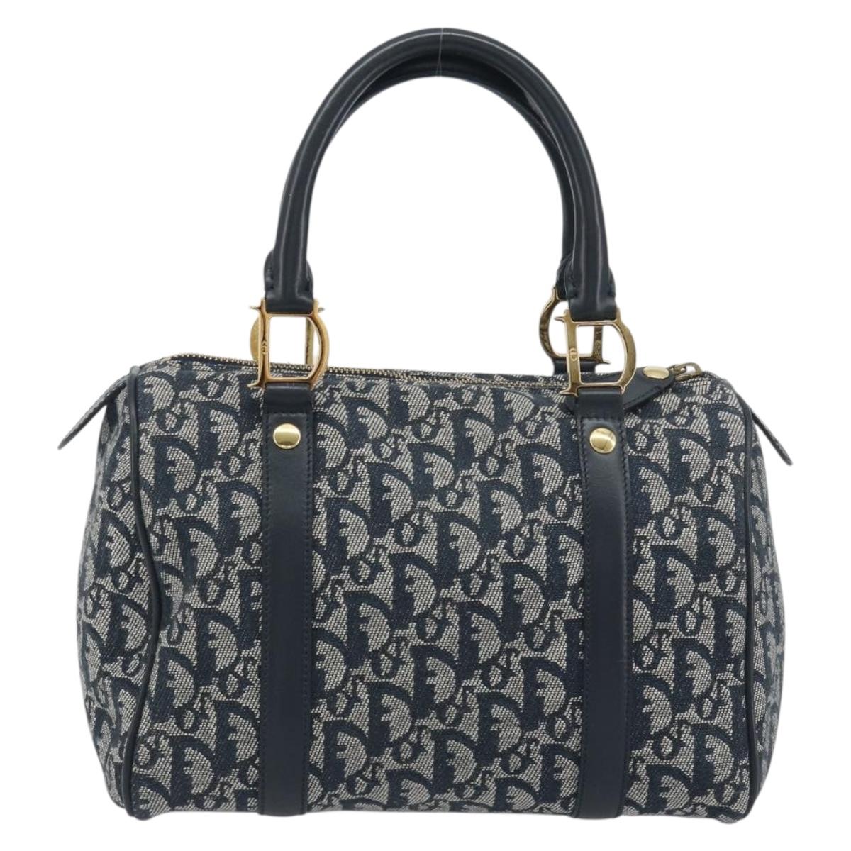 Christian Dior Trotter Canvas Boston Bag Navy Gold Auth 197320V