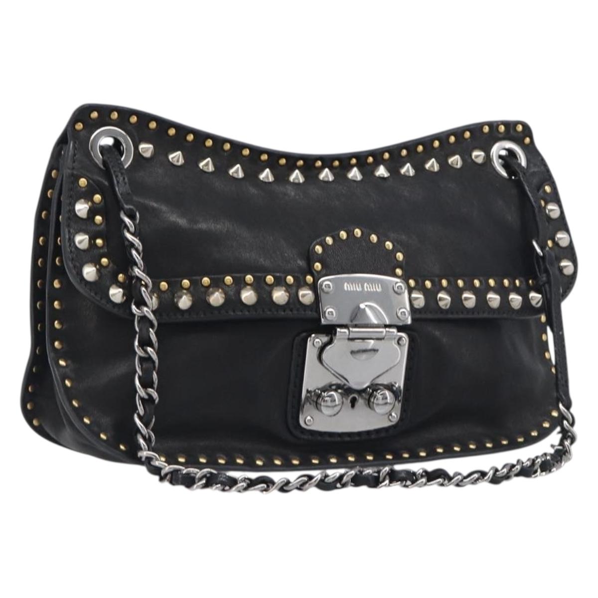 Miu Miu Chain Shoulder Bag Leather Black Gold Auth 197323M