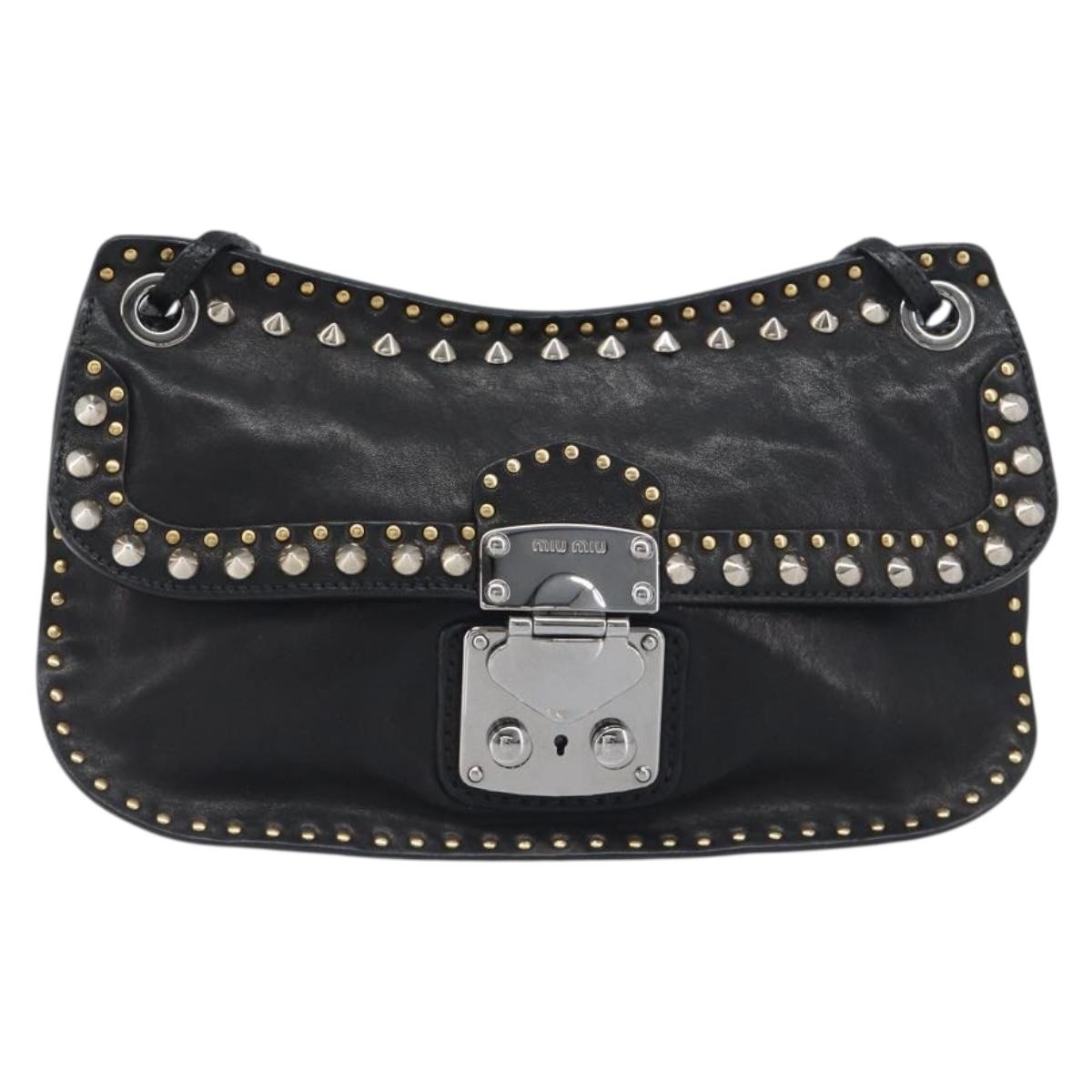 Miu Miu Chain Shoulder Bag Leather Black Gold Auth 197323M