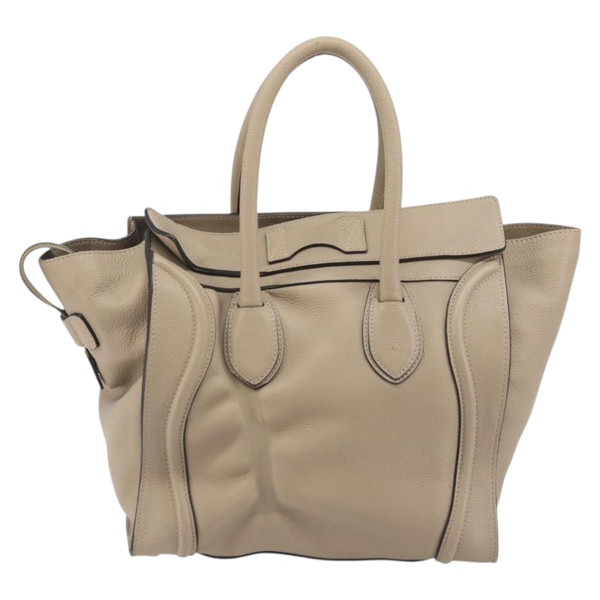 CELINE Luggage Medium Hand Bag Leather Beige Silver Auth 197325A