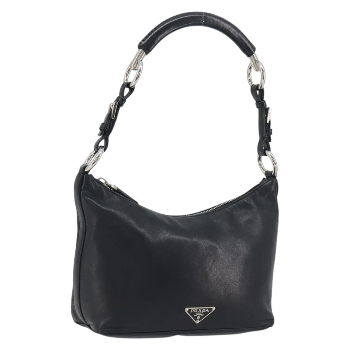 PRADA Hand Bag Leather Black Silver Auth 197326V