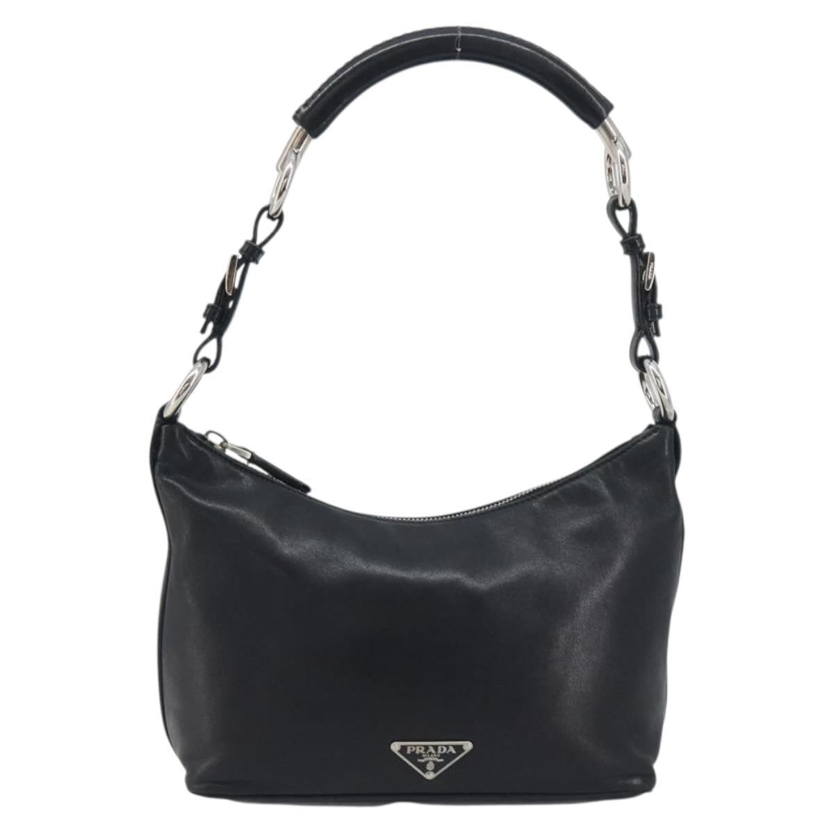 PRADA Hand Bag Leather Black Silver Auth 197326V