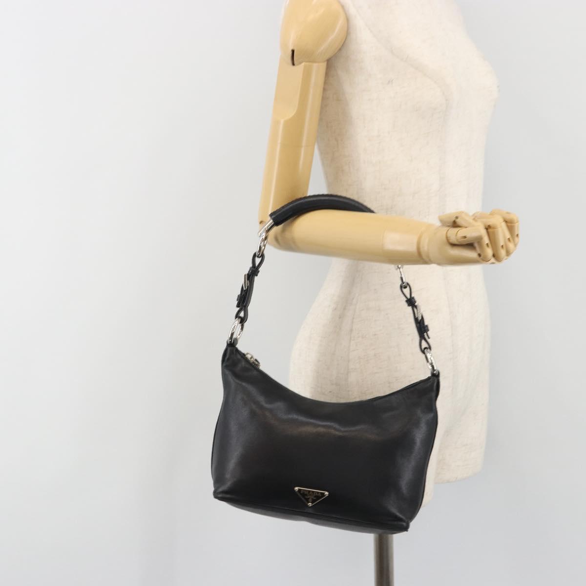 PRADA Hand Bag Leather Black Silver Auth 197326V