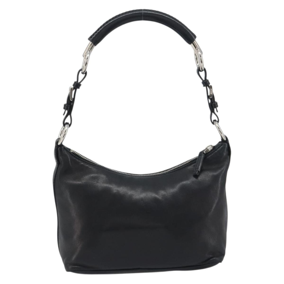 PRADA Hand Bag Leather Black Silver Auth 197326V