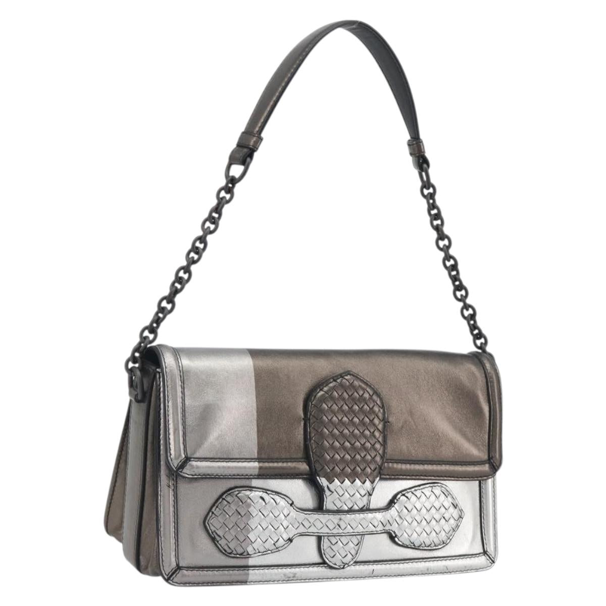BOTTEGA VENETA Rialto Chain Shoulder Bag Leather Silver Auth 197328V