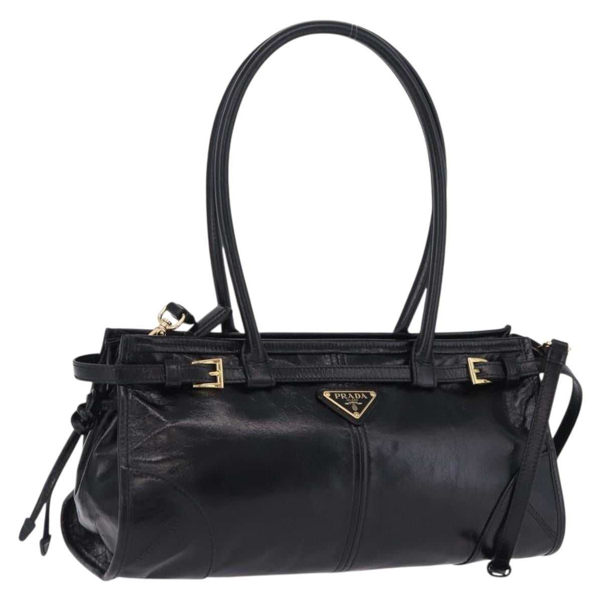 PRADA Bonnie Hand Bag Leather 2way Black Gold Auth 197332SAM