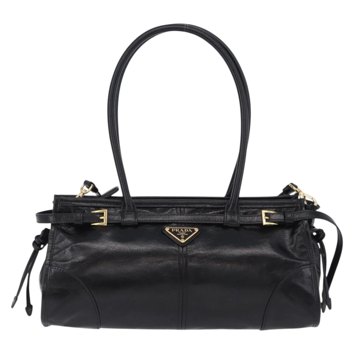 PRADA Bonnie Hand Bag Leather 2way Black Gold Auth 197332SAM
