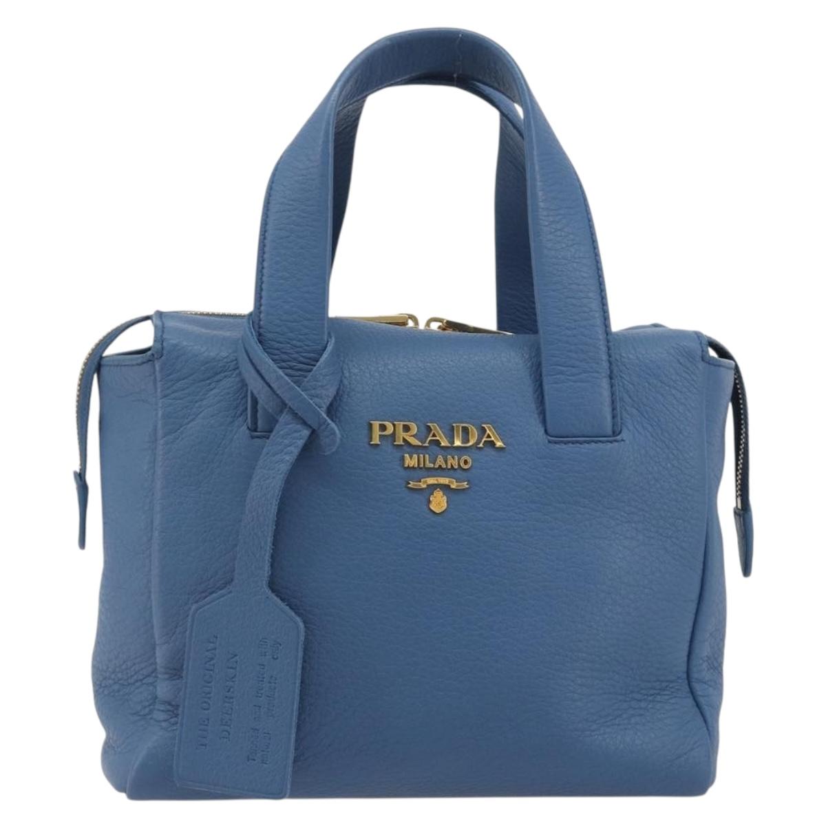 PRADA Hand Bag Leather Blue Gold Auth 197335V