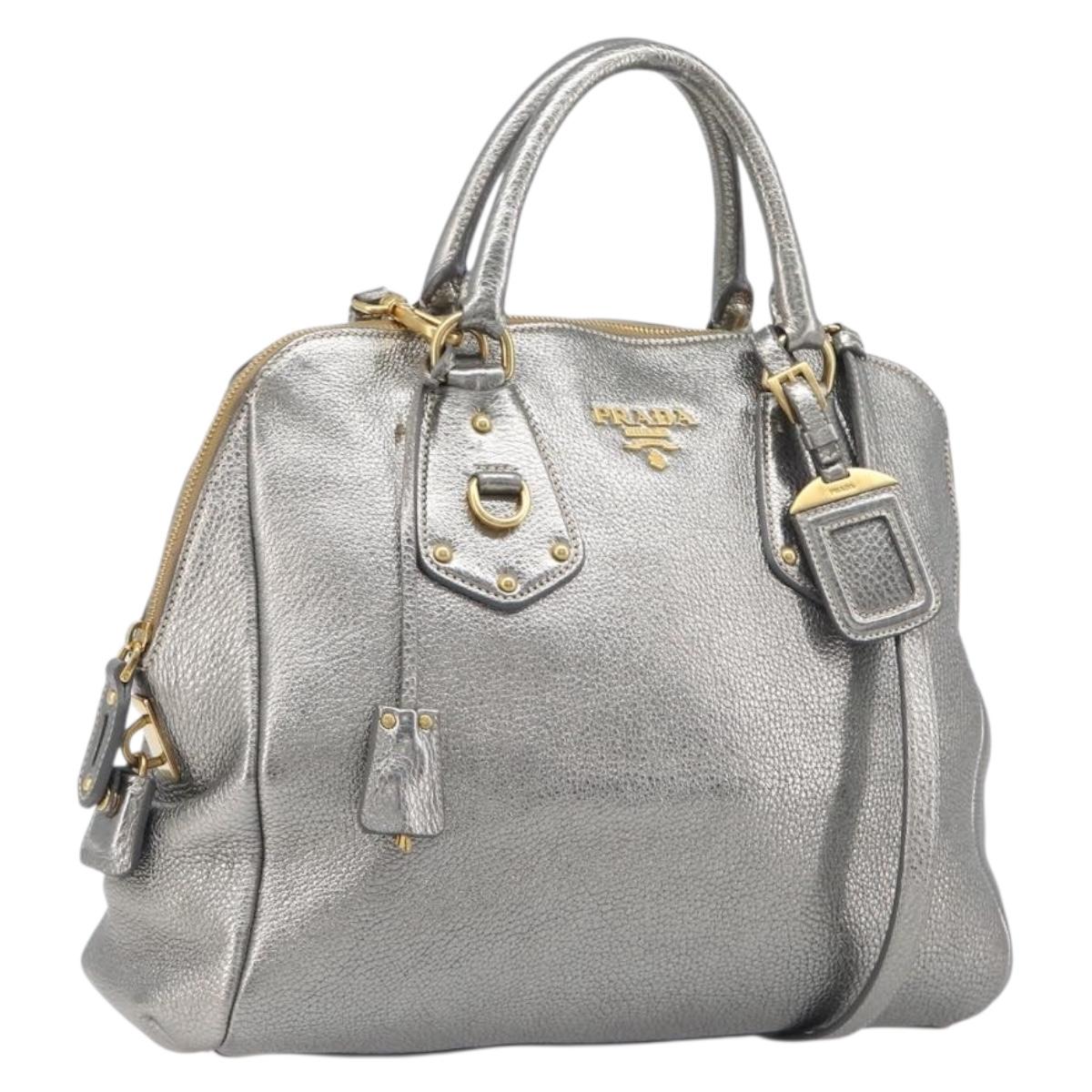 PRADA Hand Bag Vittero Dino Leather 2way Silver Gold Auth 197342V