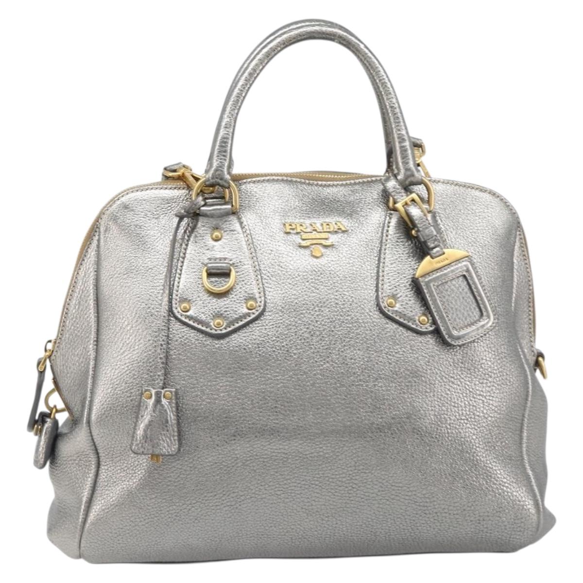 PRADA Hand Bag Vittero Dino Leather 2way Silver Gold Auth 197342V
