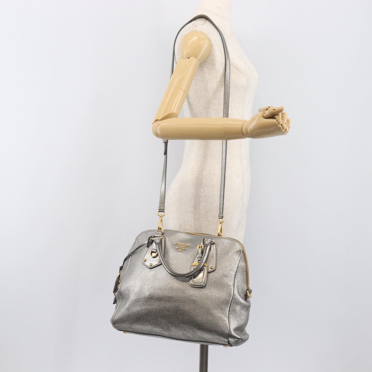 PRADA Hand Bag Vittero Dino Leather 2way Silver Gold Auth 197342V