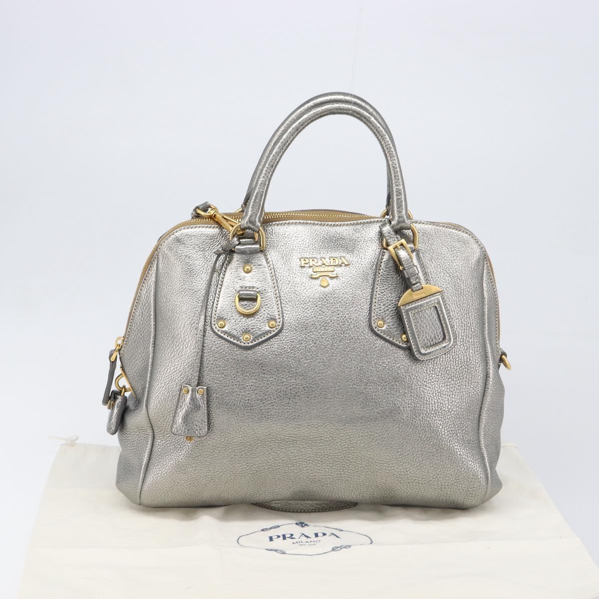 PRADA Hand Bag Vittero Dino Leather 2way Silver Gold Auth 197342V