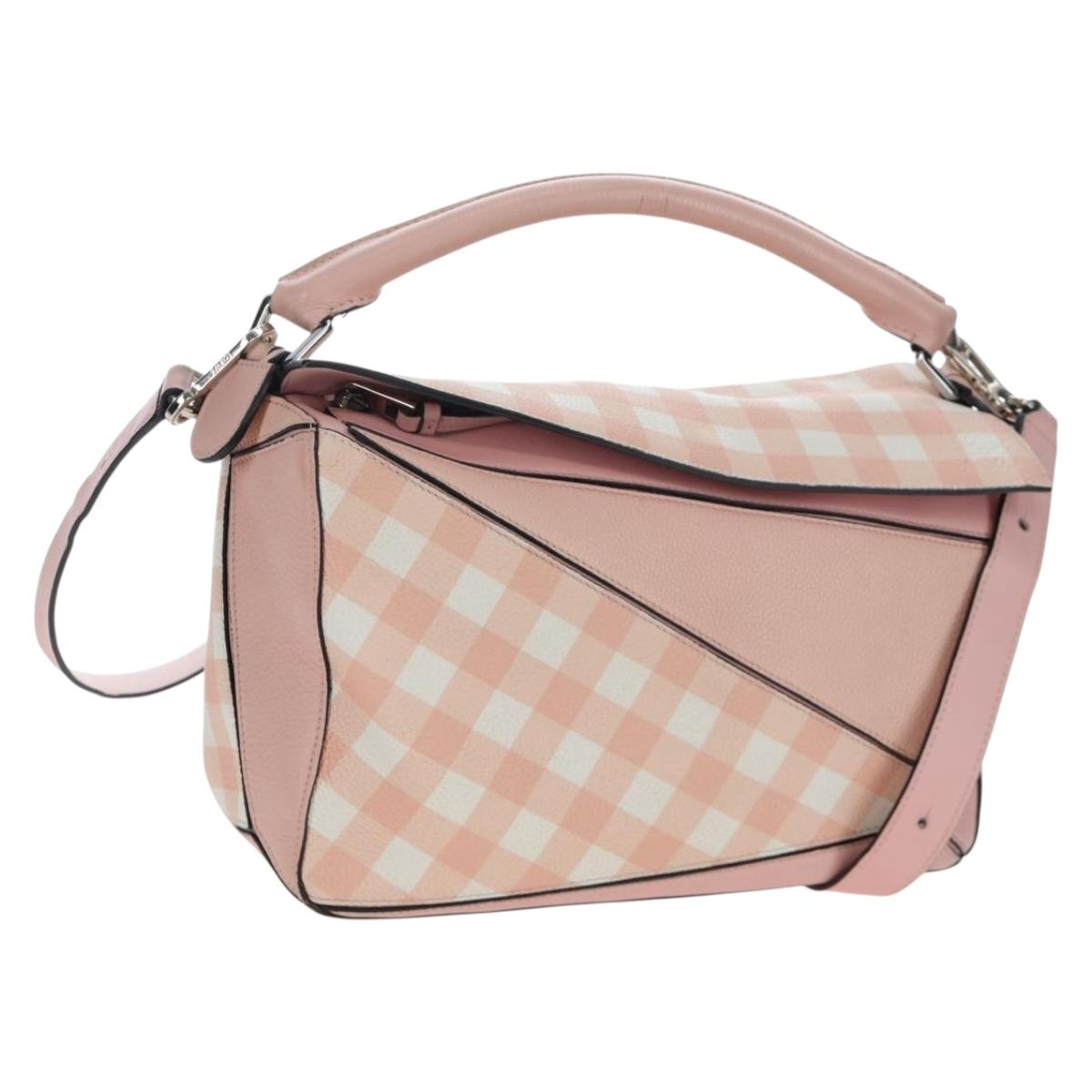 LOEWE Puzzle Bag Medium Bag Leather 2way Pink Silver Auth 197442A