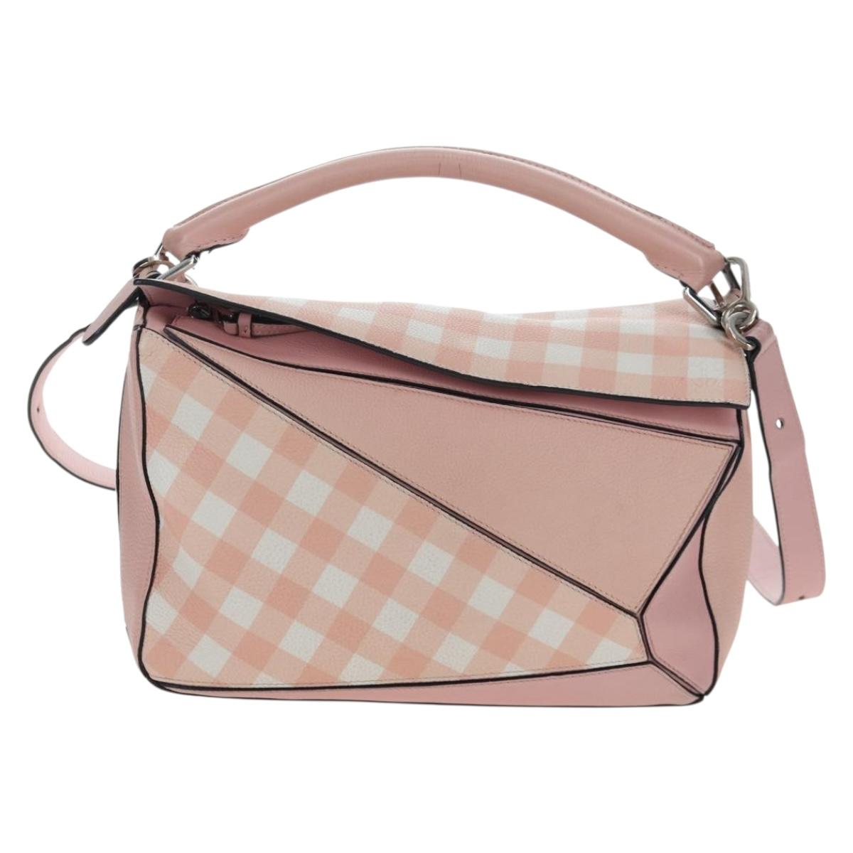 LOEWE Puzzle Bag Medium Bag Leather 2way Pink Silver Auth 197442A