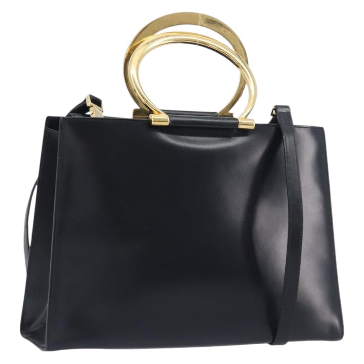CELINE Hand Bag Leather 2way Black Gold Auth 197456A