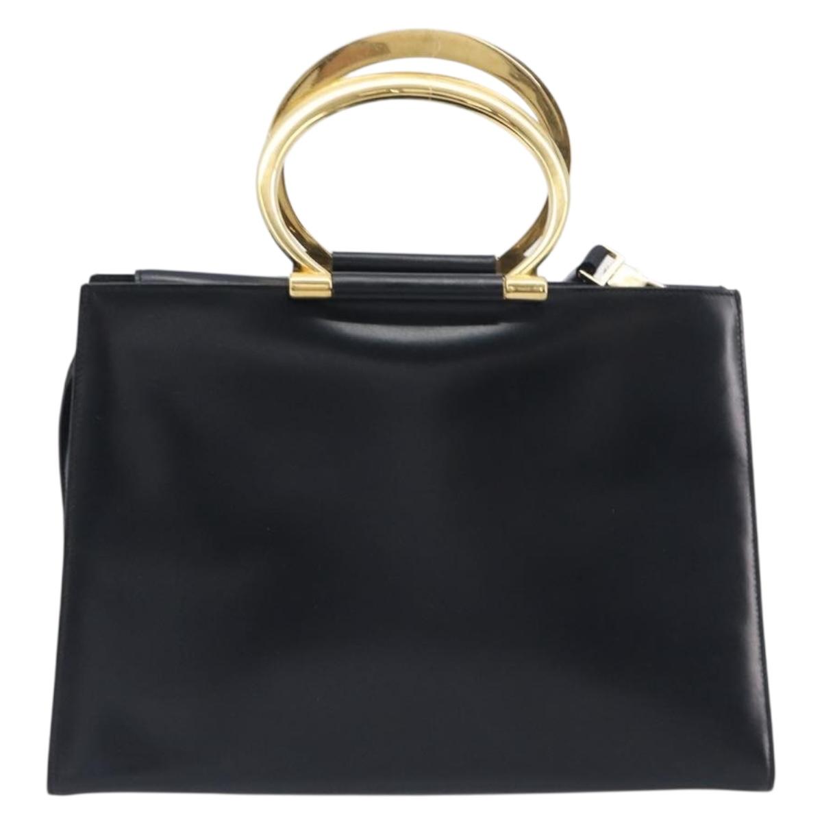 CELINE Hand Bag Leather 2way Black Gold Auth 197456A